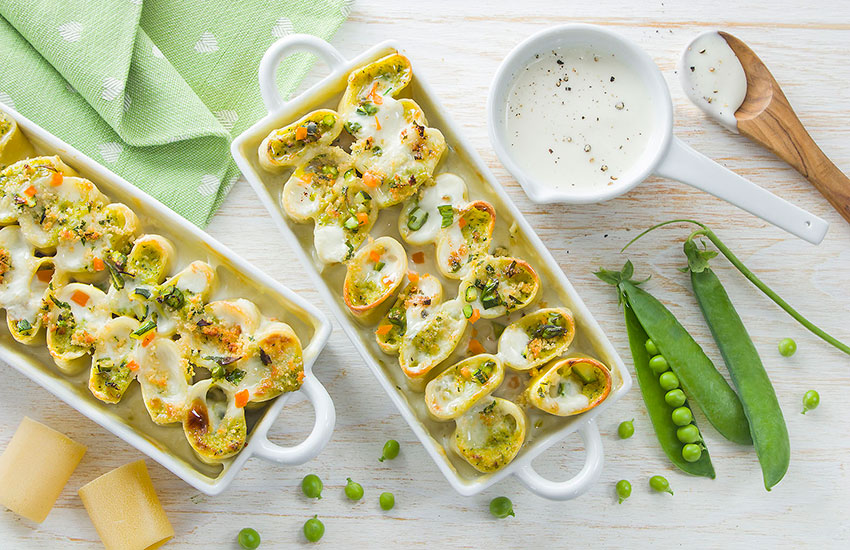 Paccheri stuffed with spring vegetables